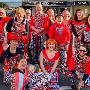 Group dressed in bright red